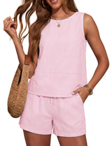 LOMON Women's Trendy 2 Piece Outfits Shorts Sets Summer Crew Neck Sleeveless Tank Top and Bottom Matching with Pockets 2026