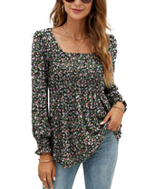 LOMON Blouses for Women Puff Long Sleeve Shirts Square Neck Casual Smocked Tunic Tops 2024 Spring Fall Winter Clothes S-XL