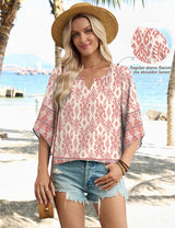LOMON Flowy Tops for Women Loose Fitting Floral Bohemian Shirts Peasant Blouses for Women Dressy Casual Pink XL
