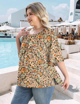 LOMON Womens Plus Size Tops Summer 3/4 Length Sleeve Crewneck Blouses Dressy Casual Loose Curvy Flowy Tunic Shirts 1X-5X