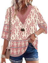LOMON Women's 3/4 Length Sleeve Boho Tops V Neck Lace Summer Outfits Dressy Casual Flowy Shirts Vacation Clothes Blouses