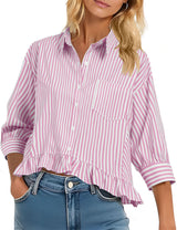 LOMON Womens 3/4 Sleeve Button Down Tops Dressy Casual Collared Shirts Blouses Ruffle Babydoll Tops Loose Fit
