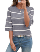 LOMON Womens Sweaters Casual Fall 2025 Crew Neck Striped 3/4 Sleeve Lightweight Knit Trendy Pullover Sweater Tops S-XL