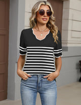 LOMON Womens 2026 Spring V Neck Sweater Casual Tops Short Sleeve Lightweight Ribbed Knit Pullover Sweaters