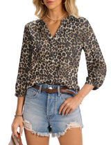 LOMON Womens Tops Dressy Summer 3/4 Length Sleeve Henley V Neck Button Down Shirts Pleated Blouses S-XXL
