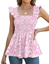 LOMON Womens Tank Tops Fashion Summer Ruffle Flying Sleeve Smocked Blouses Square Neck Sleeveless Shirts Babydoll Shirt