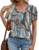 LOMON Womens Summer Tops Short Sleeve V Neck Pleated T-Shirts Loose Fit Dressy Casual Blouses S-XXL