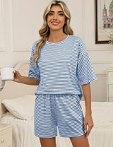 LOMON Two Piece Sets for Women Summer 3/4 Sleeve Tops and Elastic Waist Shorts Pajamas Cute Comfy Soft Lounge Striped Pjs