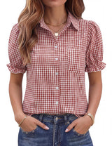LOMON Linen Shirts for Women Puff Sleeve Button Down Summer Casual Cotton Linen Blouses Collared Work Tops Dressy