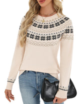 LOMON Womens Casual Lightweight Vintage Fair Isle Sweater Raglan Sleeve Crew Neck Knitted Pullover Comfy Warm Fall Tops