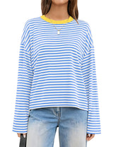 LOMON Striped Long Sleeve Shirt Women Y2k Oversized Crewneck Fall Spring Drop Shoulder Vintage Tops Teen Girl Clothes