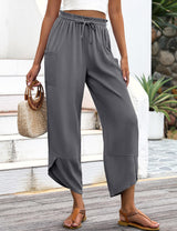 LOMON Women Linen Palazzo Pants Boho Wide Leg Elastic Waisted Casual Capri Pant Summer Harem Lounge with Pockets