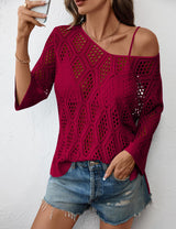 LOMON Womens 3/4 Sleeve Crochet Tops Off Shoulder Hollow Out Sweater V Neck Casual Loose Fit Beach Cover Up