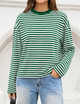LOMON Striped Long Sleeve Shirt Women Y2k Oversized Crewneck Fall Spring Drop Shoulder Vintage Tops Teen Girl Clothes