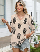 LOMON Women's 3/4 Length Sleeve Boho Tops V Neck Lace Summer Outfits Dressy Casual Flowy Shirts Vacation Clothes Blouses