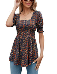 Navy Blue Floral Short Sleeve Tops