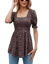 LOMON Women's Tunics Square Neck Puff Short Sleeve Smocked Top Ladies Peplum Blouse Tee Shirts 2025 Spring Summer S-XL