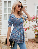 LOMON Women's Tunics Square Neck Puff Short Sleeve Smocked Top Ladies Peplum Blouse Tee Shirts 2025 Spring Summer S-XL