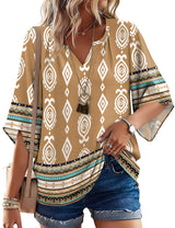 LOMON Women's 3/4 Length Sleeve Boho Tops V Neck Casual Vacation Clothes Loose Fit Tunic Shirts S-3XL