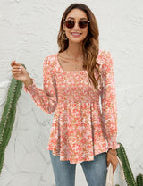 LOMON Blouses for Women Puff Long Sleeve Shirts Square Neck Casual Smocked Tunic Tops 2024 Spring Fall Winter Clothes S-XL