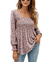 LOMON Blouses for Women Puff Long Sleeve Shirts Square Neck Casual Smocked Tunic Tops 2024 Spring Fall Winter Clothes S-XL