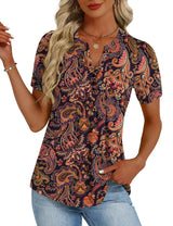 LOMON Womens Tops Dressy Casual V Neck Short Sleeve Shirts Summer Pleated Blouses Button Down Tunic Loose Fit
