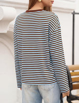 LOMON Striped Long Sleeve Shirt Women Y2k Oversized Crewneck Fall Spring Drop Shoulder Vintage Tops Teen Girl Clothes