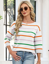 LOMON Womens Sweaters Casual Boat Neck 3/4 Sleeve Lightweight Knit Trendy Pullover Sweater Summer Tops S-XL