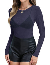 LOMON Womens Mesh Tops Lace Shirts Long Sleeve Crew Neck Sexy See Through Blouses Tee Party Club Night