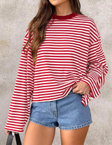 LOMON Striped Long Sleeve Shirt Women Y2k Oversized Crewneck Fall Spring Drop Shoulder Vintage Tops Teen Girl Clothes