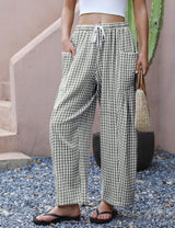 LOMON Womens Wide Leg Linen Pants Casual Drawstring Palazzo Harem Pants Summer Loose Beach Travel Vacation Pants with Pockets