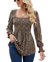LOMON Blouses for Women Puff Long Sleeve Shirts Square Neck Casual Smocked Tunic Tops 2024 Spring Fall Winter Clothes S-XL