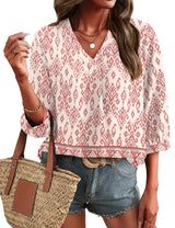 LOMON Womens 3/4 Sleeve V Neck Boho Peasant Blouses Dressy Casual Breathable Soft Tunic Tops with Button Cuffs