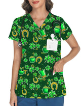LOMON Women's V Neck Printed Scrub Top with 3 Pockets