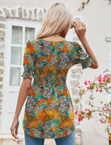 LOMON Women's Tunics Square Neck Puff Short Sleeve Smocked Top Ladies Peplum Blouse Tee Shirts 2025 Spring Summer S-XL
