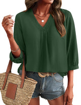 LOMON Womens 3/4 Sleeve V Neck Boho Peasant Blouses Dressy Casual Breathable Soft Tunic Tops with Button Cuffs