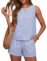 LOMON Women's Trendy 2 Piece Outfits Shorts Sets Summer Crew Neck Sleeveless Tank Top and Bottom Matching with Pockets 2026