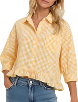 LOMON Womens 3/4 Sleeve Button Down Tops Dressy Casual Collared Shirts Blouses Ruffle Babydoll Tops Loose Fit