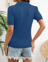 LOMON Womens Puff Short Sleeve Polo Sweater V Neck Knitted Tops Casual Ribbed Shirt Pullover Blouse