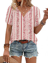 LOMON Boho Tops for Women Summer V-Neck Tie Front Peasant Blouses Casual Puff Sleeve Loose-Fit Flowy Shirts Beach Vacation