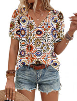 LOMON Boho Tops for Women Summer V-Neck Tie Front Peasant Blouses Casual Puff Sleeve Loose-Fit Flowy Shirts Beach Vacation