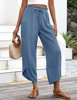 LOMON Women Linen Palazzo Pants Boho Wide Leg Elastic Waisted Casual Capri Pant Summer Harem Lounge with Pockets
