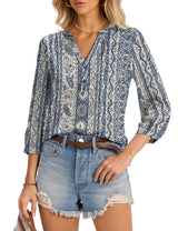 LOMON Womens Tops Dressy Summer 3/4 Length Sleeve Henley V Neck Button Down Shirts Pleated Blouses S-XXL