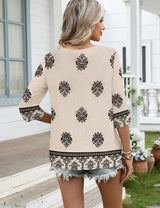 LOMON Women's 3/4 Length Sleeve Boho Tops V Neck Lace Summer Outfits Dressy Casual Flowy Shirts Vacation Clothes Blouses
