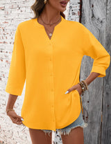 LOMON 3/4 Length Sleeve Womens Tops V Neck 3/4 Sleeve Sides Slit Button Down Shirts Cotton Linen Casual Loose Blouses