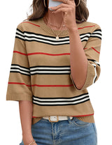 LOMON Womens Sweaters Casual Fall 2025 Crew Neck Striped 3/4 Sleeve Lightweight Knit Trendy Pullover Sweater Tops S-XL
