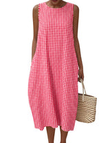 LOMON Summer Dresses for Women Cotton Casual Maxi Dress Beach Vacation Long Sundresses Plaid Striped with Pockets