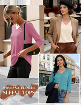 LOMON 3 Pack Tops for Women 3/4 Sleeve V Neck Basics Tees Business Casual Summer T Shirts