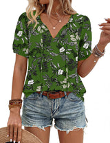 LOMON Boho Tops for Women Summer V-Neck Tie Front Peasant Blouses Casual Puff Sleeve Loose-Fit Flowy Shirts Beach Vacation