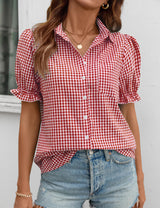 LOMON Linen Shirts for Women Puff Sleeve Button Down Summer Casual Cotton Linen Blouses Collared Work Tops Dressy